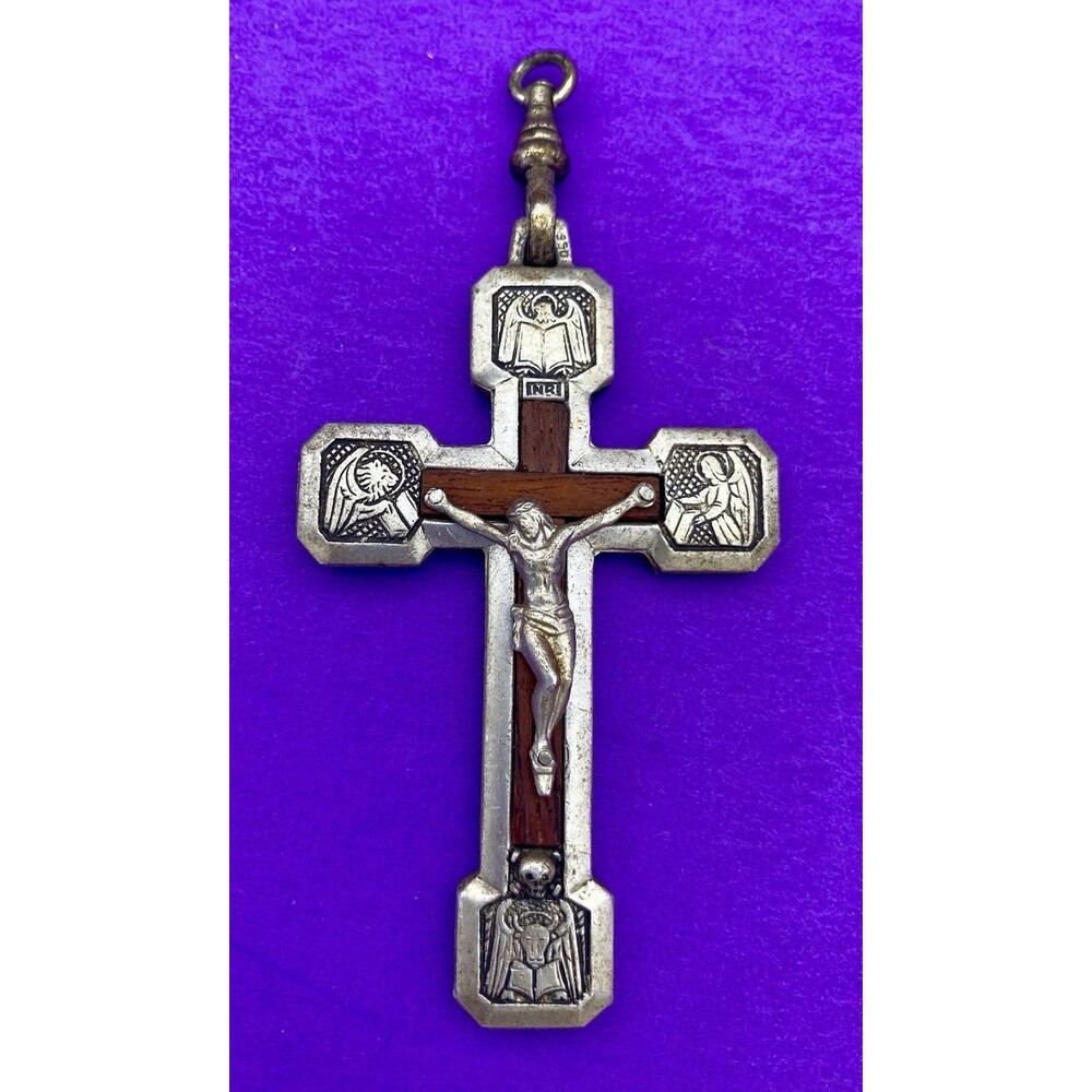 Via Crucis Crucifix Pendant, Wood Inlay Silver Tone, ITALY, Christianity, Jesus